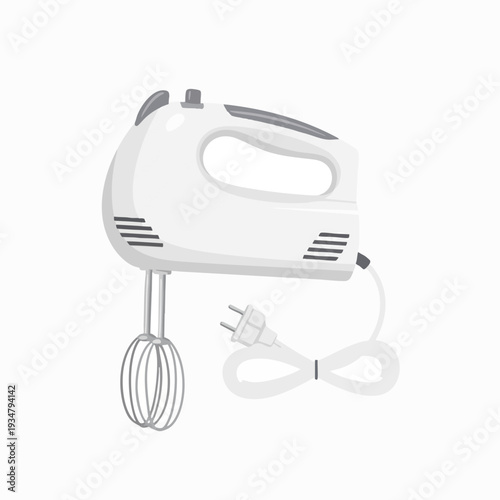 White electric hand mixer kitchen appliance illustration; graphic style blender tool; domestic equipment for cooking and baking prep; design element