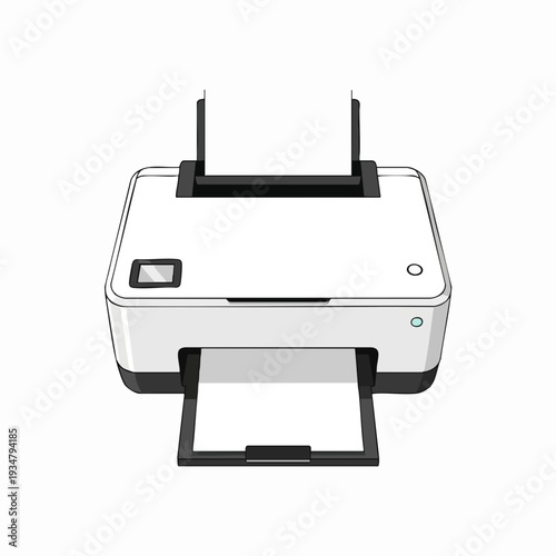 White printer illustration for office use showing paper output tray and paper feed with clean design style perfect for printing documents