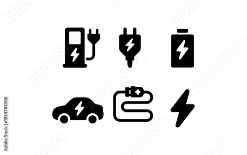 Electric vehicle charging icons set for sustainable transportation and energy concepts