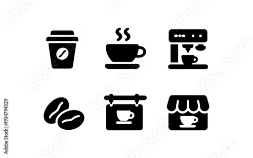 Collection of coffee icons including a cup, machine, beans, and shop