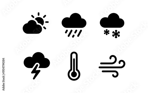 Collection of weather condition icons including sun, rain, snow, lightning, thermometer, and wind