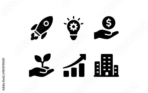 Business growth and success icons: rocket, idea, money, plant, graph, and buildings