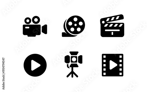 Collection of six black film and video production icons on a white background
