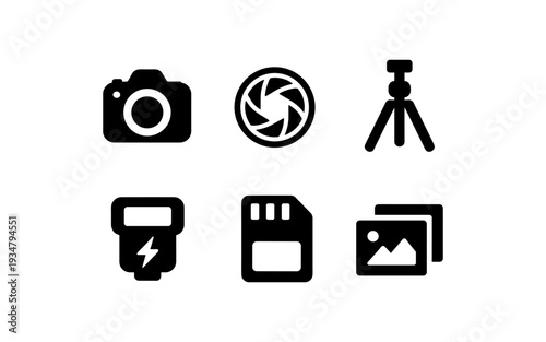 Collection of six essential photography icons including camera, lens, tripod, flash, memory card, and images