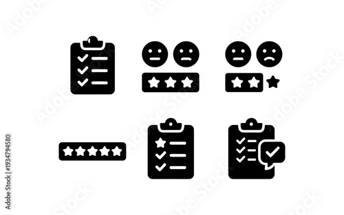 Collection of feedback icons including checklists, star ratings, and emoji faces