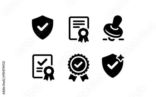Collection of six black icons representing quality, approval, and security seals