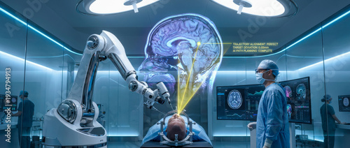 Advanced robotic arm performing brain surgery with a large holographic head scan and AI trajectory data, monitored by a surgeon in a futuristic operating room