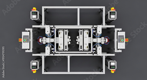 A vector graphic illustration of an industrial machine layout with robotic arms and control panels