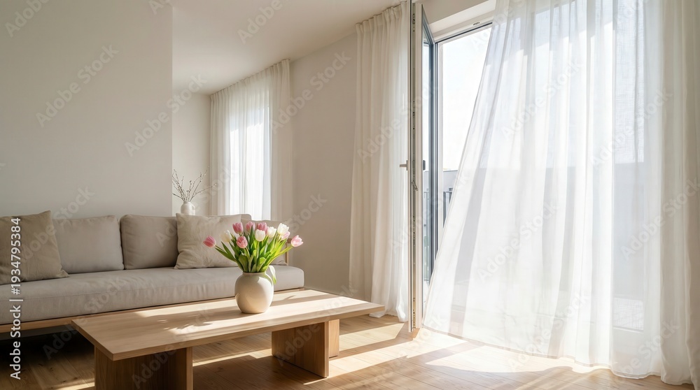 Fototapeta premium Sunlight fills a living room with a sofa and a wooden table. A vase of tulips sits on the table. The balcony door is open and sheer curtains flutter in the breeze
