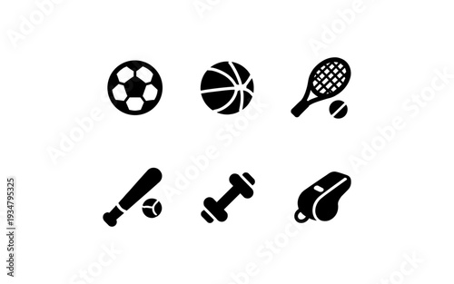 Collection of six sport icons including soccer, basketball, tennis, baseball, dumbbell, and whistle