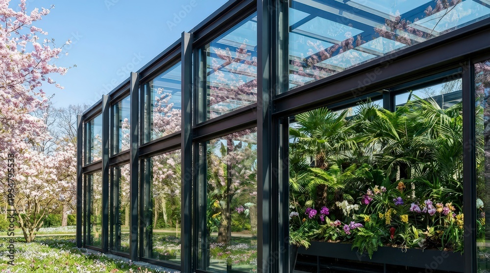 Fototapeta premium A glass greenhouse stands with large windows showing vibrant plants and flowers inside. Outside, cherry blossom trees add color under a bright blue sky in spring