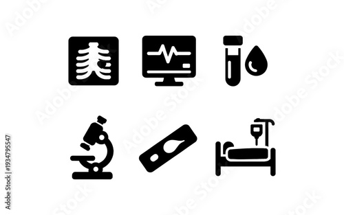Medical icons set: X-ray, EKG, blood test, microscope, slide, and hospital bed