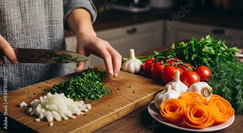 Hands chopping fresh green herbs and diced onions on a board, surrounded by vegetables in a kitchen