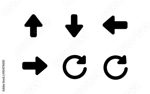Collection of six simple black arrow and refresh icons on a white background
