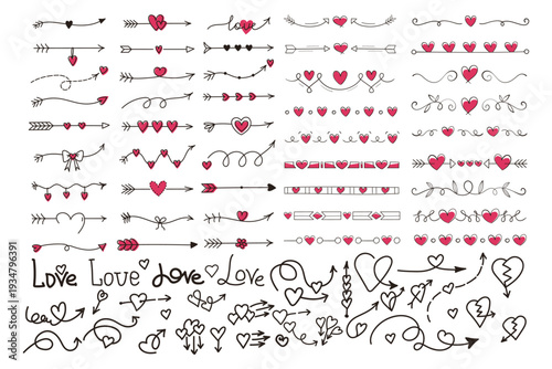 Hand Drawn Heart Arrow Borders and Dividers Romantic Love Doodle Line Art Vector Set