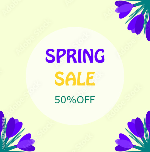 Spring sale banner with purple crocuses and a inscription  "Spring Sale. 50% Off"