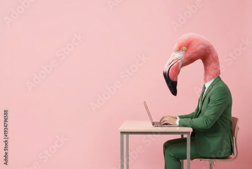 Surreal creative concept of anthropomorphic bird employee typing at office desk isolated
