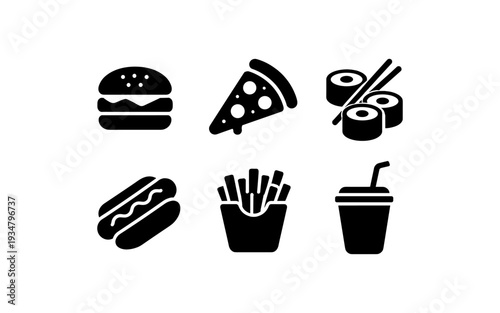 Collection of popular fast food and snack icons including burger, pizza, sushi, hot dog, fries, and drink
