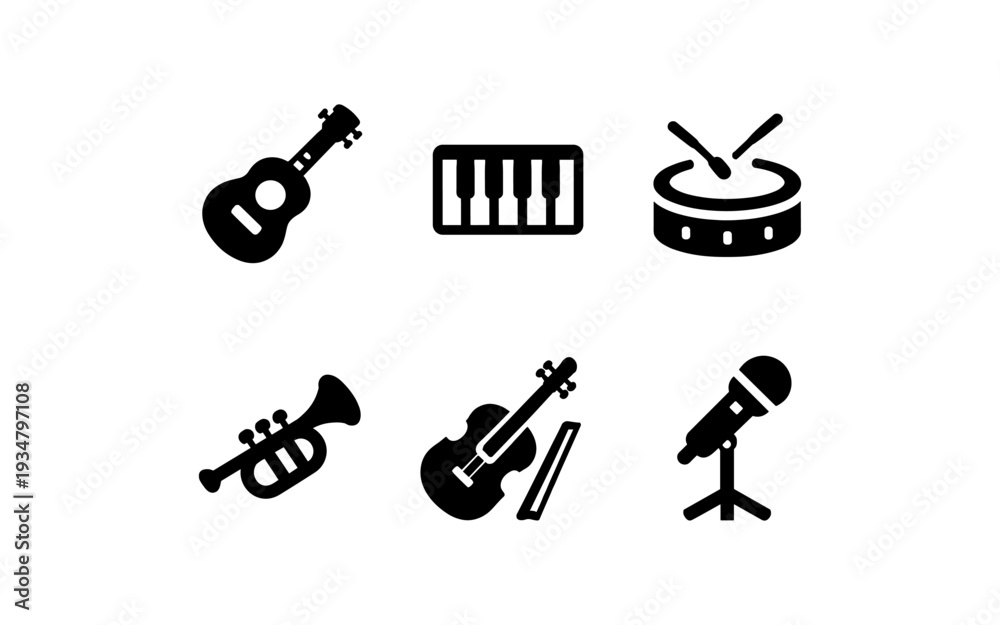 Fototapeta premium Collection of musical instrument icons: guitar, piano, drums, trumpet, violin, microphone