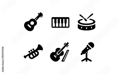 Collection of musical instrument icons: guitar, piano, drums, trumpet, violin, microphone