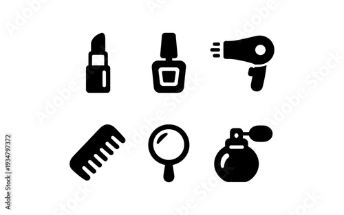 Collection of beauty and personal care icons including lipstick, nail polish, and hairdryer