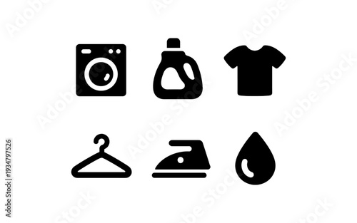 Collection of simple black icons representing laundry and garment care tasks