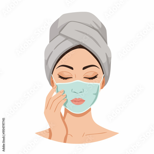 Flat Illustration Woman Applying Facial Mask After Bathing Beauty Treatment