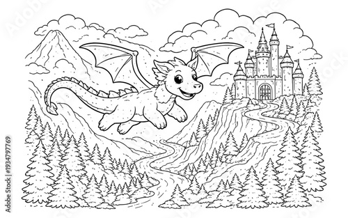Cute cartoon dragon flying over a forest landscape towards a medieval castle