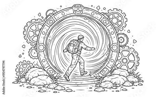 Man with backpack steps into a swirling vortex portal surrounded by gears and rocks