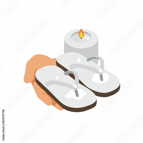 Isometric Still Life Spa Relaxation with Candle and Flip Flop Footwear Icon