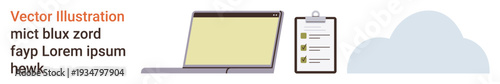 Technology, cloud computing, data organization, productivity, document management, and digital solutions. Laptop, checklist and cloud graphic. Technology and cloud computing concepts