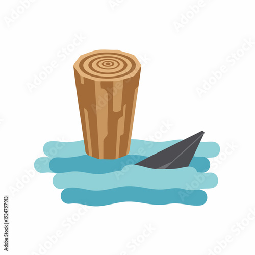 Flat Style Simple Log in Water with Shark Fin Illustration