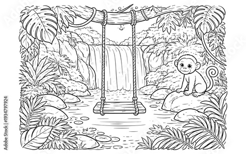 Cute monkey sitting on rock near waterfall and swing in lush jungle environment