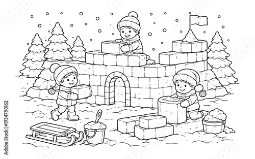 Children happily building a large snow fort together on a snowy winter day
