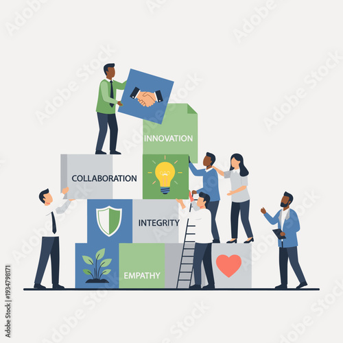 Diverse team of professionals collaboratively building a structure representing core business values like collaboration, integrity, empathy, and innovation.
