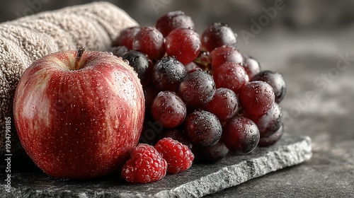 Fresh red apple combining with grapes and raspberries with water droplets on slate rock