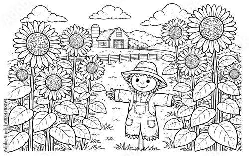 Charming scarecrow stands in a vibrant sunflower field with a rustic barn in the background
