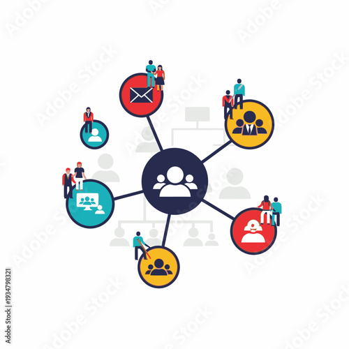 Illustration of a central group of people connected to various specialized teams and communication channels, representing organizational structure and collaboration.