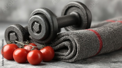Black dumbbells resting besides fresh tomatoes on towel after workout