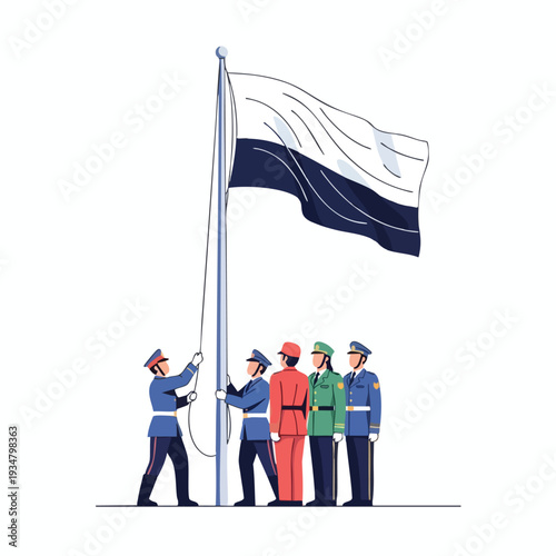 Diverse Group of Professionals Honoring a Flag Bearer with a Large Flag at a Formal Ceremony