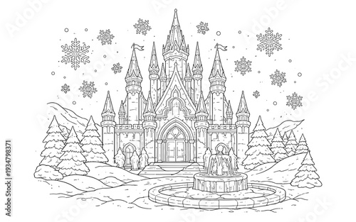 Whimsical winter castle with snowflakes and frosted fountain, perfect for coloring
