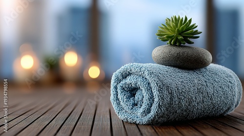 Rolled towel balancing stone and succulent indoors for relaxation