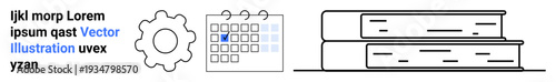 Productivity, organization, education, time management, planning, knowledge acquisition. Gear icon, calendar with a marked date and stacked books. Productivity and organization concept
