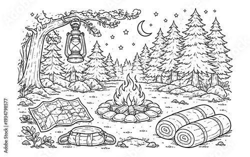 Cozy campsite scene with campfire, lantern, sleeping bags, and map under starry night sky