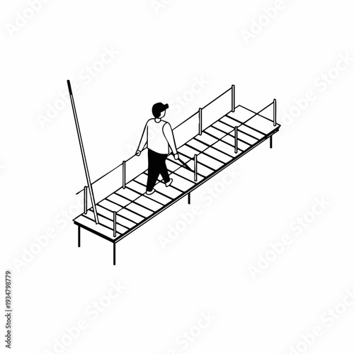 Simple Outline Man Walking on Suspension Bridge Illustration Clip Art
