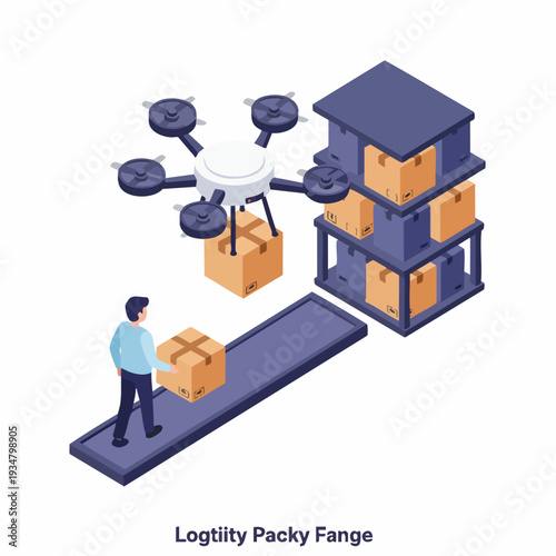 Isometric Detailed Drone Delivering Package with Person in Warehouse Illustration