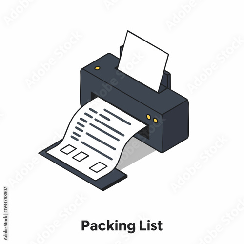 Isometric Line Style Printer Printout Packing List Document Illustration