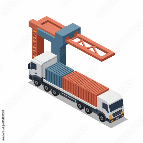 Isometric Detailed Truck Crane Lifting Container Cargo Transportation Illustration