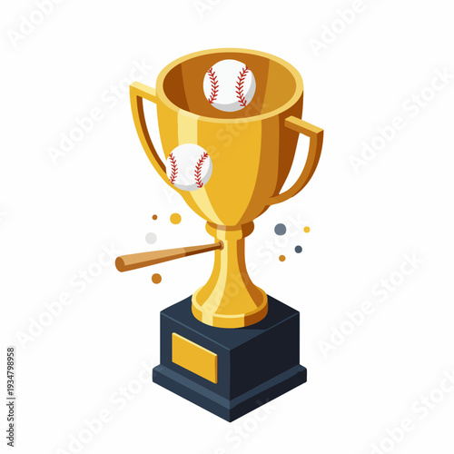 Isometric Golden Trophy with Baseball Ball and Bat Illustration