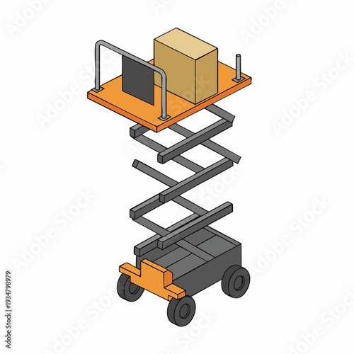 Isometric Detailed Scissor Lift Platform with Package Industry Equipment Illustration